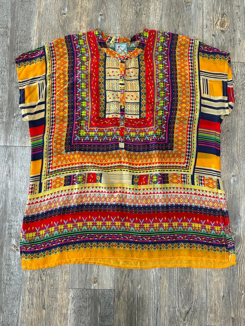 Johnny Was XL Boho Tribal Aztec Geometric Print Short Sleeve 100% Cupra Rayon